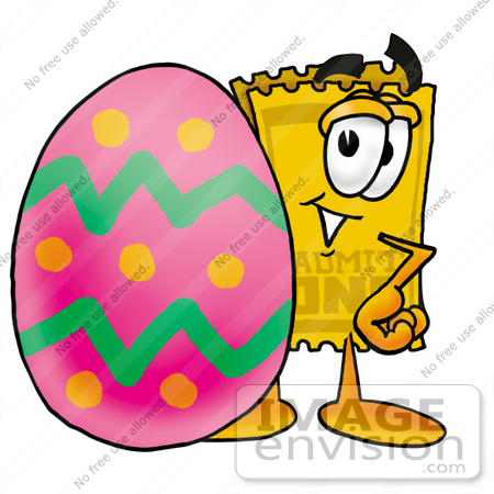 #25417 Clip Art Graphic of a Golden Admission Ticket Character Standing Beside an Easter Egg by toons4biz