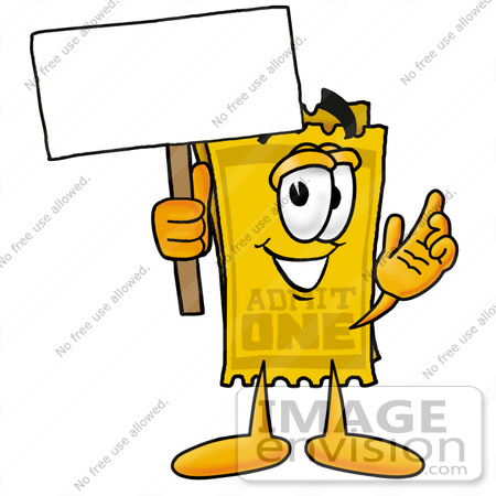 #25423 Clip Art Graphic of a Golden Admission Ticket Character Holding a Blank Sign by toons4biz