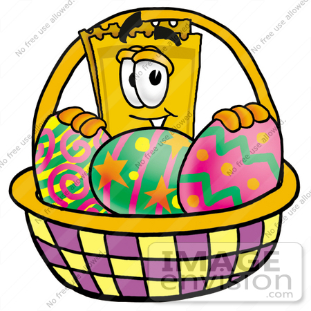 #25424 Clip Art Graphic of a Golden Admission Ticket Character in an Easter Basket Full of Decorated Easter Eggs by toons4biz