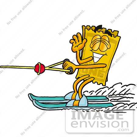 #25426 Clip Art Graphic of a Golden Admission Ticket Character Waving While Water Skiing by toons4biz