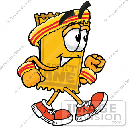 #25431 Clip Art Graphic of a Golden Admission Ticket Character Speed Walking or Jogging by toons4biz