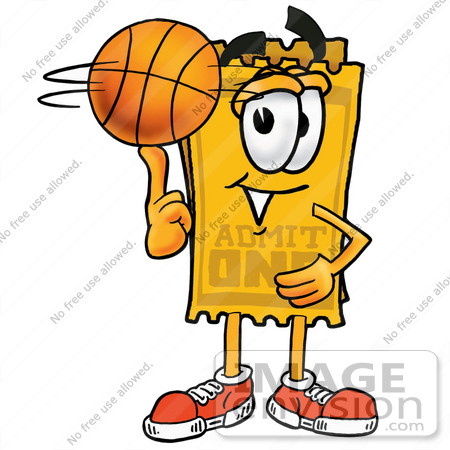 #25433 Clip Art Graphic of a Golden Admission Ticket Character Spinning a Basketball on His Finger by toons4biz