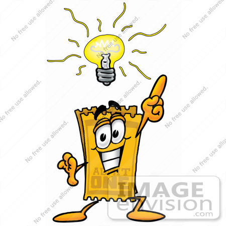 #25436 Clip Art Graphic of a Golden Admission Ticket Character With a Bright Idea by toons4biz