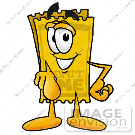 #25438 Clip Art Graphic of a Golden Admission Ticket Character Pointing at the Viewer by toons4biz
