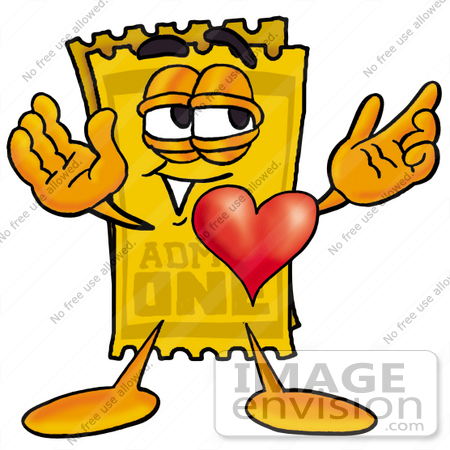 #25439 Clip Art Graphic of a Golden Admission Ticket Character With His Heart Beating Out of His Chest by toons4biz