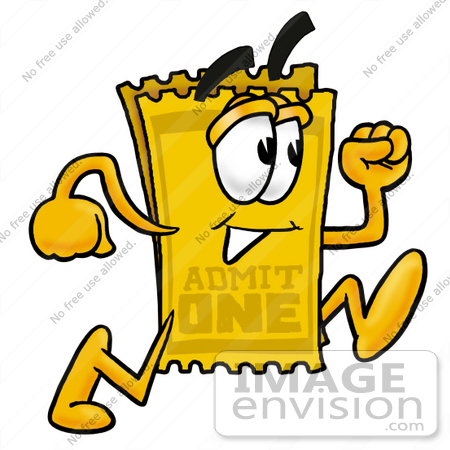 #25443 Clip Art Graphic of a Golden Admission Ticket Character Running by toons4biz