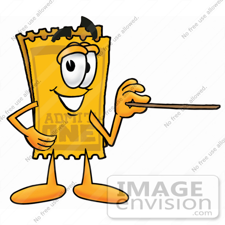 #25444 Clip Art Graphic of a Golden Admission Ticket Character Holding a Pointer Stick by toons4biz