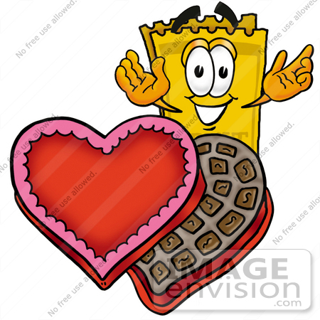 #25445 Clip Art Graphic of a Golden Admission Ticket Character With an Open Box of Valentines Day Chocolate Candies by toons4biz