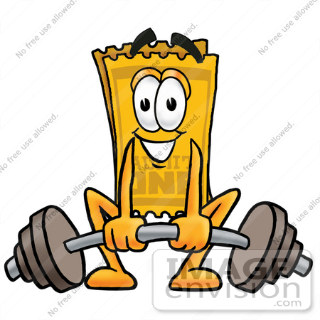 #25447 Clip Art Graphic of a Golden Admission Ticket Character Lifting a Heavy Barbell by toons4biz