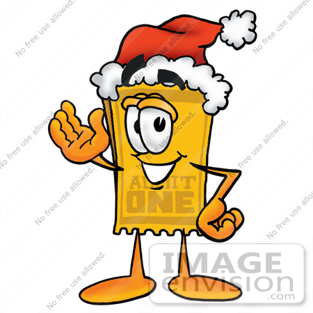 #25448 Clip Art Graphic of a Golden Admission Ticket Character Wearing a Santa Hat and Waving by toons4biz