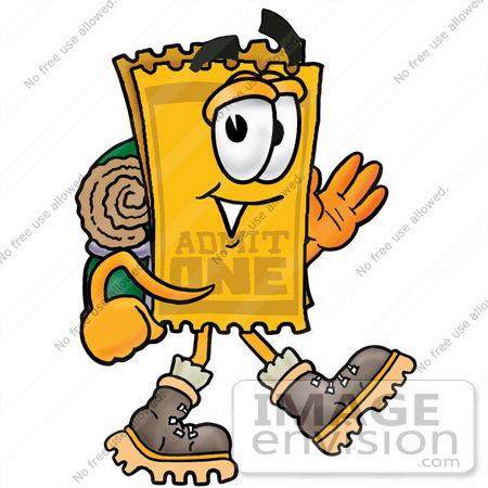 #25453 Clip Art Graphic of a Golden Admission Ticket Character Hiking and Carrying a Backpack by toons4biz