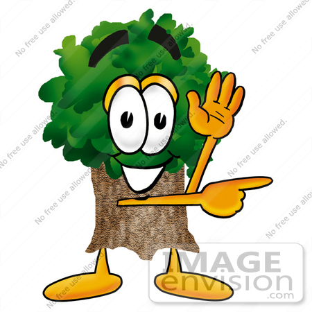 #25467 Clip Art Graphic of a Tree Character Waving and Pointing by toons4biz