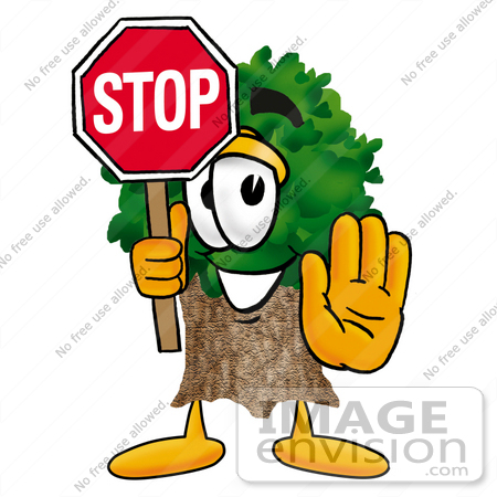 #25485 Clip Art Graphic of a Tree Character Holding a Stop Sign by toons4biz