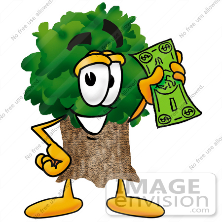 #25487 Clip Art Graphic of a Tree Character Holding a Dollar Bill by toons4biz