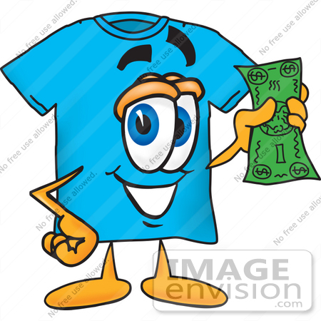 #25489 Clip Art Graphic of a Blue Short Sleeved T Shirt Character Holding a Dollar Bill by toons4biz