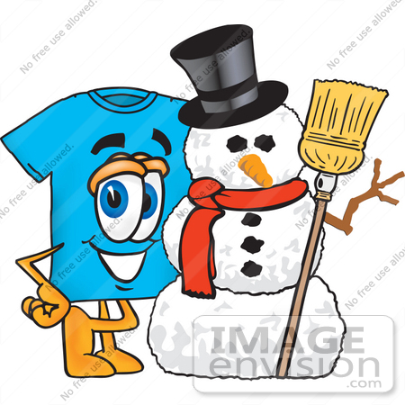 #25490 Clip Art Graphic of a Blue Short Sleeved T Shirt Character With a Snowman on Christmas by toons4biz