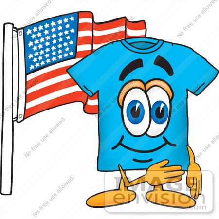 #25491 Clip Art Graphic of a Blue Short Sleeved T Shirt Character Pledging Allegiance to an American Flag by toons4biz