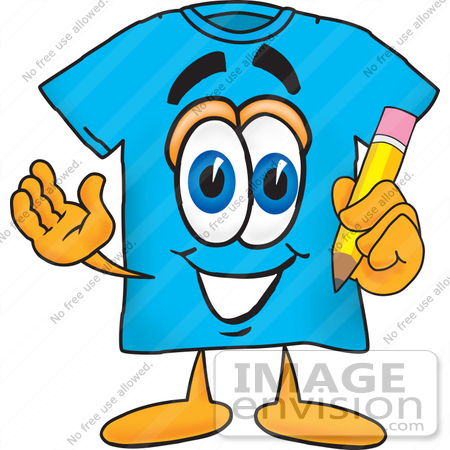 #25493 Clip Art Graphic of a Blue Short Sleeved T Shirt Character Holding a Pencil by toons4biz