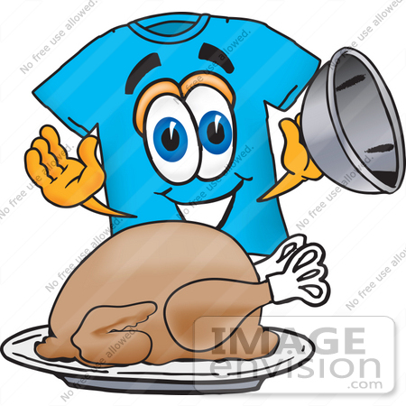 #25497 Clip Art Graphic of a Blue Short Sleeved T Shirt Character Serving a Thanksgiving Turkey on a Platter by toons4biz