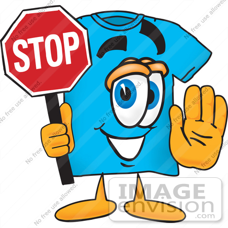 #25502 Clip Art Graphic of a Blue Short Sleeved T Shirt Character Holding a Stop Sign by toons4biz