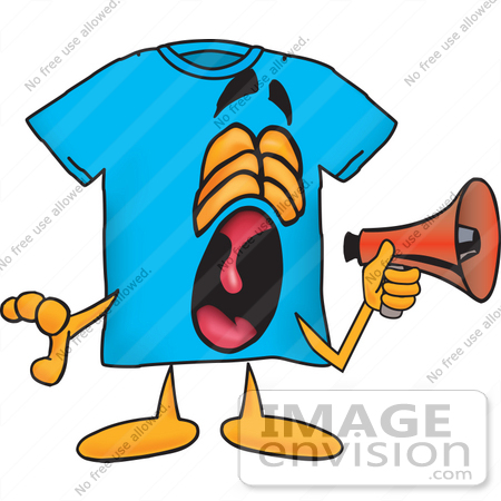 #25503 Clip Art Graphic of a Blue Short Sleeved T Shirt Character Screaming Into a Megaphone by toons4biz