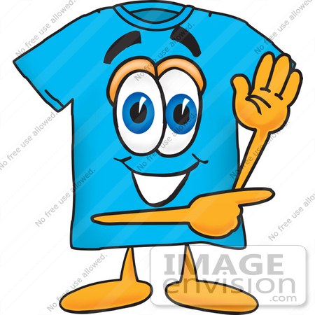 #25505 Clip Art Graphic of a Blue Short Sleeved T Shirt Character Waving and Pointing by toons4biz