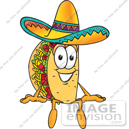 #25521 Clip Art Graphic of a Crunchy Hard Taco Character Sitting and Wearing a Sombrero by toons4biz