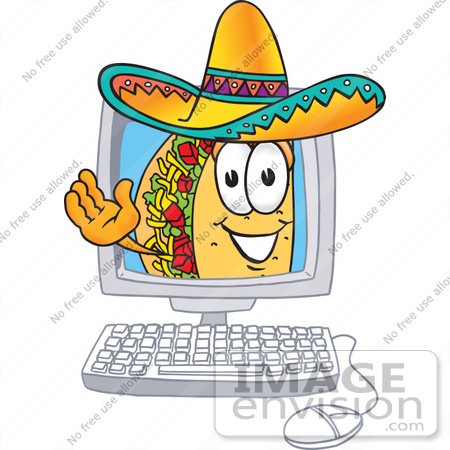#25523 Clip Art Graphic of a Crunchy Hard Taco Character Waving From Inside a Computer Screen by toons4biz