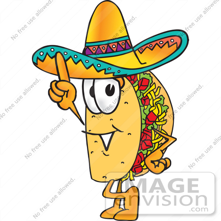 #25530 Clip Art Graphic of a Crunchy Hard Taco Character Pointing Upwards by toons4biz