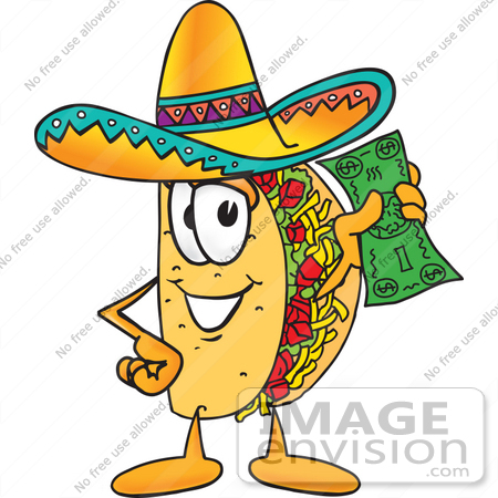 #25533 Clip Art Graphic of a Crunchy Hard Taco Character Holding a Dollar Bill by toons4biz
