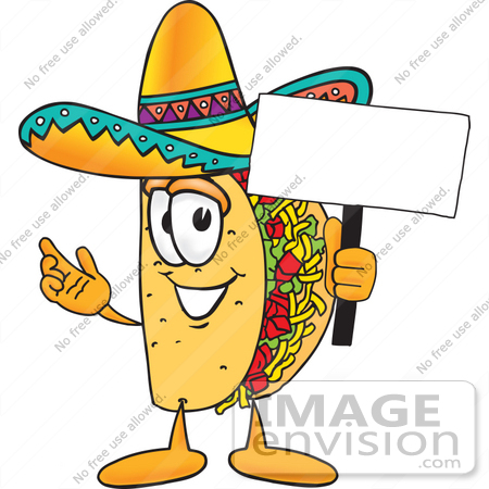 #25537 Clip Art Graphic of a Crunchy Hard Taco Character Holding a Blank Sign by toons4biz