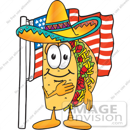 #25546 Clip Art Graphic of a Crunchy Hard Taco Character Pledging Allegiance to an American Flag by toons4biz