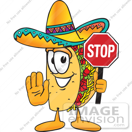 #25548 Clip Art Graphic of a Crunchy Hard Taco Character Holding a Stop Sign by toons4biz