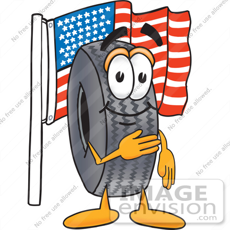 Clip Art Graphic of a Tire Character Pledging Allegiance to an American Flag, #25569 by toons4biz