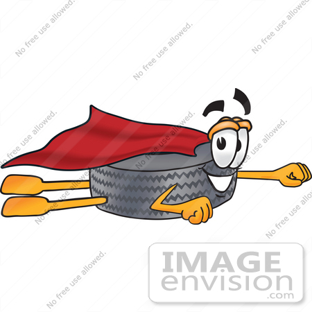 #25571 Clip Art Graphic of a Tire Character Super Hero Flying With a Cape by toons4biz