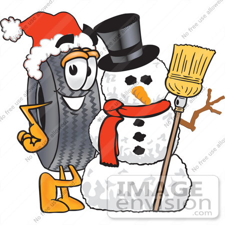 #25575 Clip Art Graphic of a Tire Character With a Snowman on Christmas by toons4biz