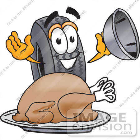 #25580 Clip Art Graphic of a Tire Character Serving a Thanksgiving Turkey on a Platter by toons4biz