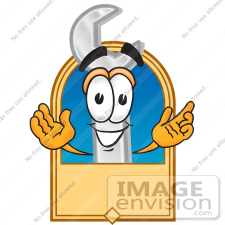 #25587 Clip Art Graphic of a Wrench Tool Character Label by toons4biz