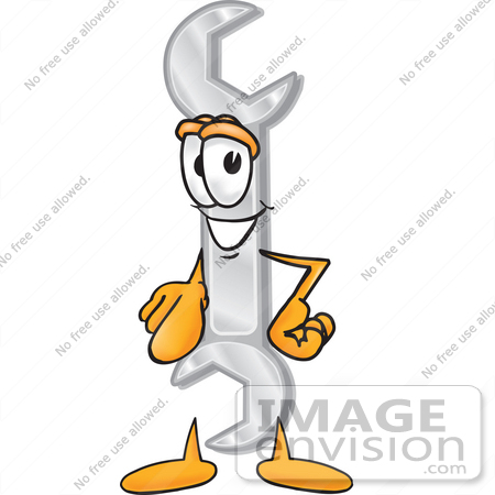#25618 Clip Art Graphic of a Wrench Tool Character Pointing at the Viewer by toons4biz