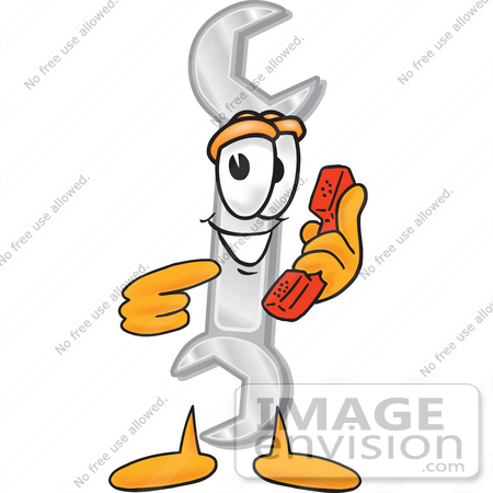 #25621 Clip Art Graphic of a Wrench Tool Character Holding a Telephone by toons4biz