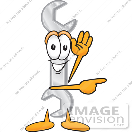 #25627 Clip Art Graphic of a Wrench Tool Character Waving and Pointing by toons4biz