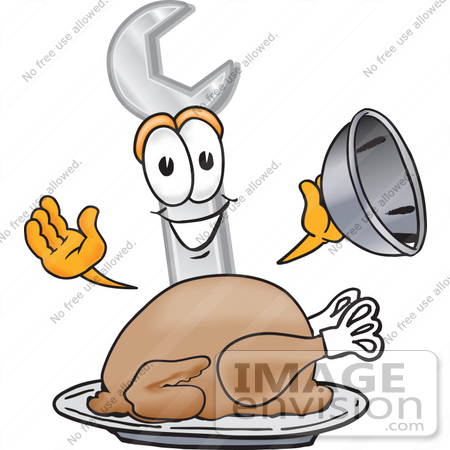 #25645 Clip Art Graphic of a Wrench Tool Character Serving a Thanksgiving Turkey on a Platter by toons4biz