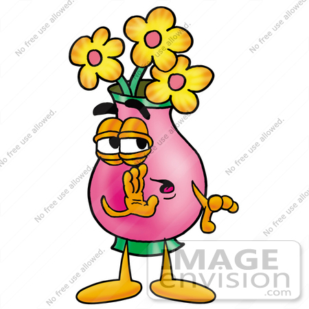 #25657 Clip Art Graphic of a Pink Vase And Yellow Flowers Cartoon Character Whispering and Gossiping by toons4biz