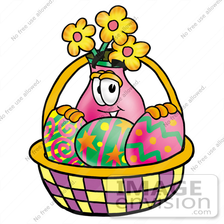 #25661 Clip Art Graphic of a Pink Vase And Yellow Flowers Cartoon Character in an Easter Basket Full of Decorated Easter Eggs by toons4biz