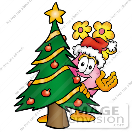 #25662 Clip Art Graphic of a Pink Vase And Yellow Flowers Cartoon Character Waving and Standing by a Decorated Christmas Tree by toons4biz