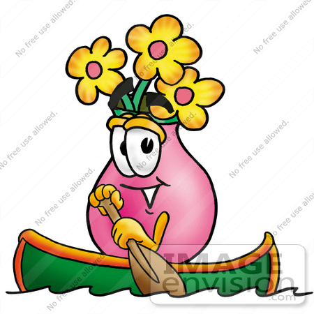 #25664 Clip Art Graphic of a Pink Vase And Yellow Flowers Cartoon Character Rowing a Boat by toons4biz