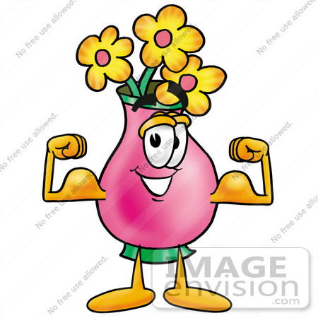 #25665 Clip Art Graphic of a Pink Vase And Yellow Flowers Cartoon Character Flexing His Arm Muscles by toons4biz