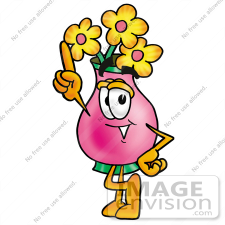 #25667 Clip Art Graphic of a Pink Vase And Yellow Flowers Cartoon Character Pointing Upwards by toons4biz