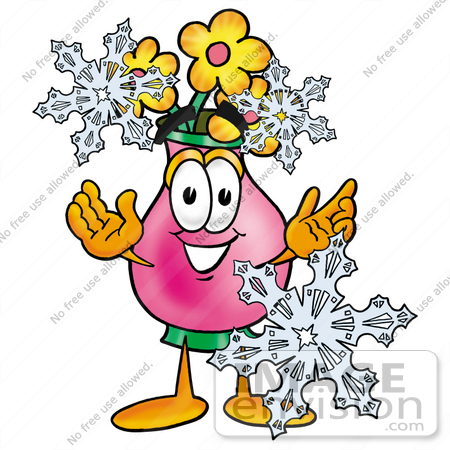 #25672 Clip Art Graphic of a Pink Vase And Yellow Flowers Cartoon Character With Three Snowflakes in Winter by toons4biz