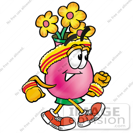 #25677 Clip Art Graphic of a Pink Vase And Yellow Flowers Cartoon Character Speed Walking or Jogging by toons4biz